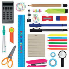 Set of writing supplies element for school office and others with white background.