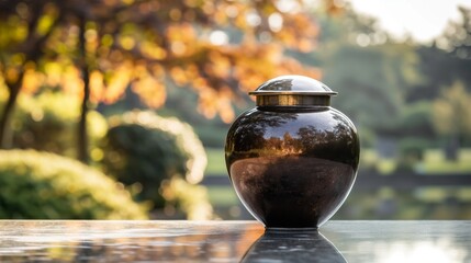 a minimalistic urn with ashes stands on a marble surface outside in a cemetery with natural daylight, copy space for text. Funeral concept, a solemn memento of a life remembered. 