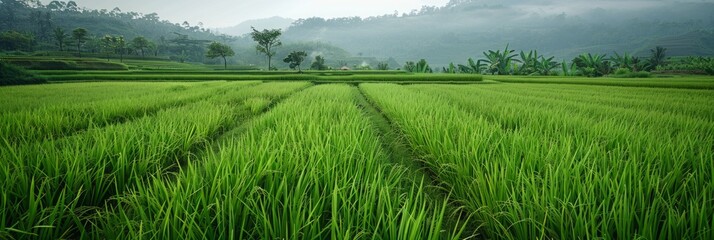panorama with rice plantations. rice cultivation. a calm landscape, nature without people.