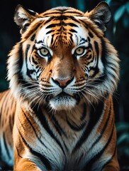 Fototapeta premium Vertical portrait of a fierce tiger looking at camera from Generative AI