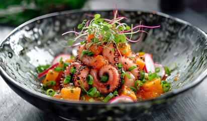 Octopus salad in a textured bowl