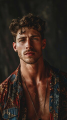 Obraz premium detailed photograph of a gorgeous male model, wearing trendy summer clothes, creative dark background, moody, serious. Attrractive male model, dark mood, portrait, photo shoot.
