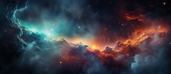 An astronomical object painting depicting a vibrant nebula in space, filled with colorful clouds of gas and heat against a celestial sky backdrop - obrazy, fototapety, plakaty