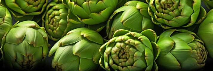 Fototapeta premium artichoke banner. green vegetable background, top view.
