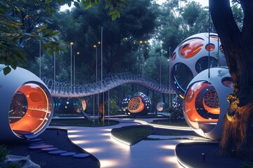 A photo featuring a modern park with a futuristic bridge and lush trees, A futuristic playground with high-tech play equipment, AI Generated