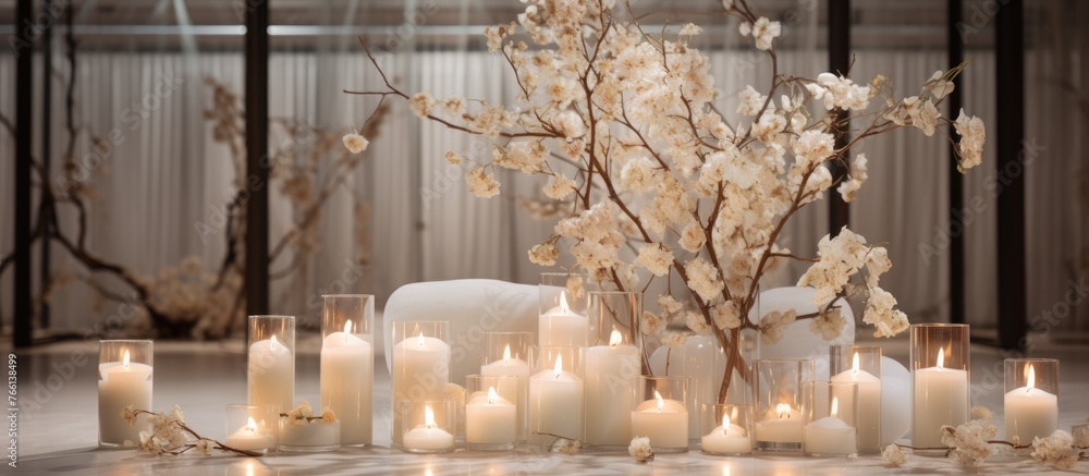 Poster an elegant table adorned with an abundance of white candles and flowers, creating a serene and invit