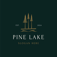 Minimalist landscape lake with big pine trees and pier simple logo design