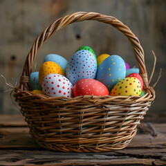 Fototapeta na wymiar Colorful Easter eggs in a basket, perfect for Easter holiday decorations or spring themed events.