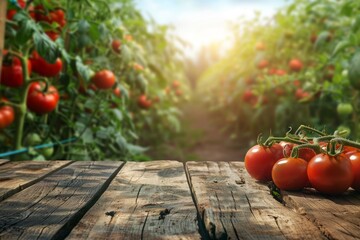empty table against the background of a field with red tomatoes. display your product outdoors. vegetable mock up. - obrazy, fototapety, plakaty