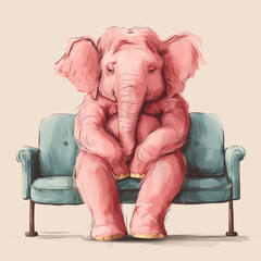 sad pink elephant sitting on a bench