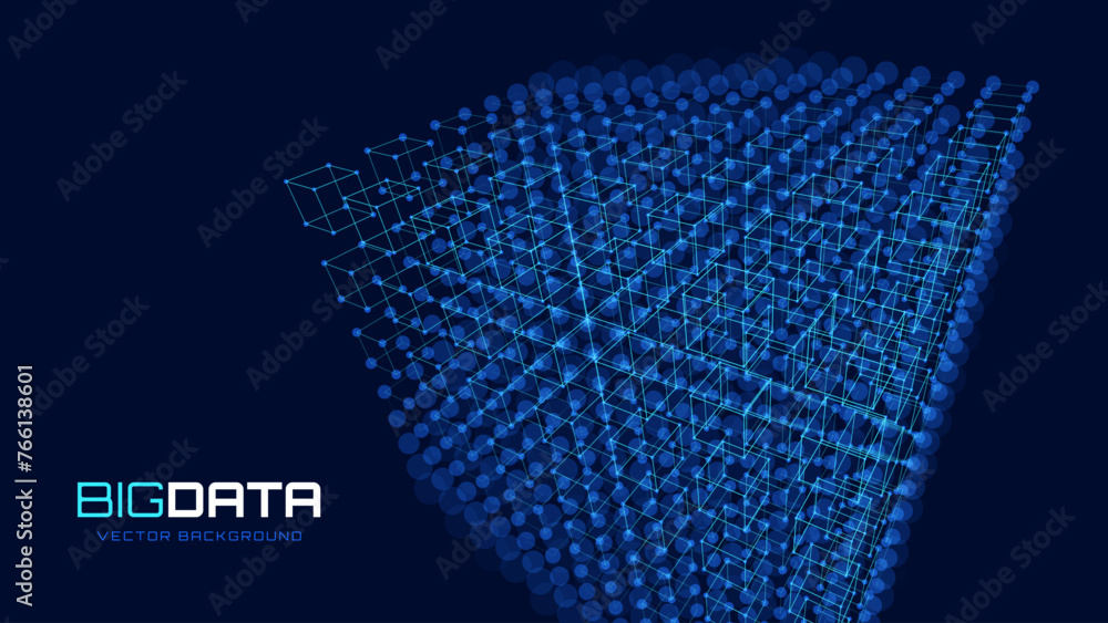 Poster Big Data 3D Cube. Quantum Computer CPU Core Virus Concept Background. Red Cube Inside Blue Block. 3D Blockchain Cube Blocks Concept. Data Sorting. Artificial Intelligence HUD Design Element.