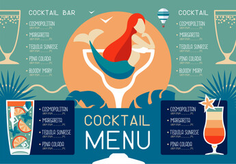 Retro summer restaurant menu design with cocktails and mermaid. Vector illustration - 766138631