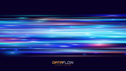 Digital Data Flow Vector Background. Big Data Technology Lines. 5G Wireless Data Transmission. High Speed of Light Trails. Information Flow in Virtual Reality Cyberspace. Vector Illustration.