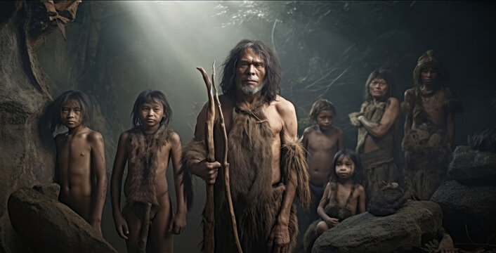 A group of people dressed in primitive clothing stand in a cave