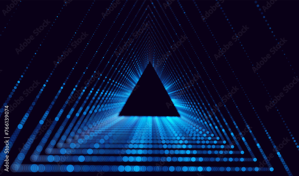 Fototapete Triangle Frame Border Blue Lights DJ Party Flyer Background. Triangle Tunnel Big Data Backdrop. Abstract Blue Digital Background. Computer Triangular Tunnel Technology Vector Illustration.