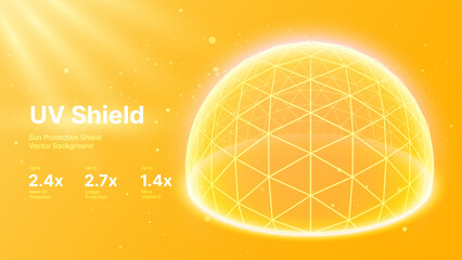 Sun Protection Futuristic Glowing Shield. 3D Sphere Bubble Shield from Ultraviolet Light. Game Hi Tech Dome. Solar Protection Screen. UV Radiation Safety Concept. Summer Vector Illustration. © ec0de