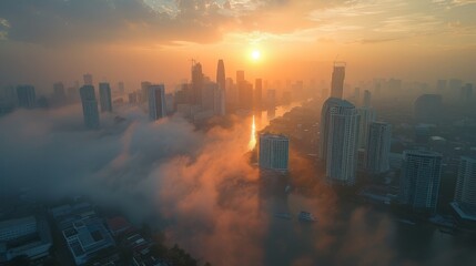 Aerial view of a city skyline shrouded in dense PM 2.5 smog highlighting the environmental impact and health crisis in Thailand.