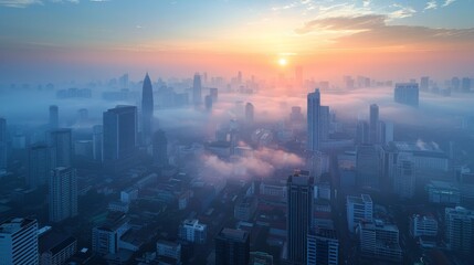 Elevated view of a polluted cityscape engulfed in PM 2.5 smog underscoring the urgent need for environmental action and air quality regulation in Thailand.