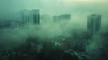 Impressionistic depiction of a cityscape veiled in PM 2.5 smog conveying the surreal and haunting atmosphere created by the air pollution crisis in Thailand.
