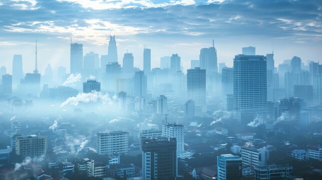 Blurry cityscape enveloped in a cloud of PM 2.5 smog illustrating the detrimental effects of air pollution on visibility and atmospheric clarity in Thailand.