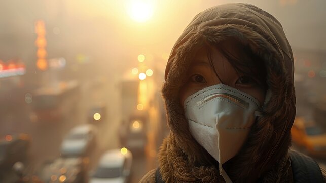 Close-up shot of a person wearing a protective mask amidst thick PM 2.5 smog emphasizing the health hazards and respiratory risks in Thailand.