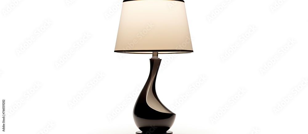 Poster a close-up image of a lamp with a sleek design and a white shade placed on a plain white background,