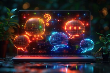 digital tablet computer, An abstract logo for a chatbot with speech bubbles, question marks, and quote icons displayed on a laptop screen. Artificial intelligence concept 