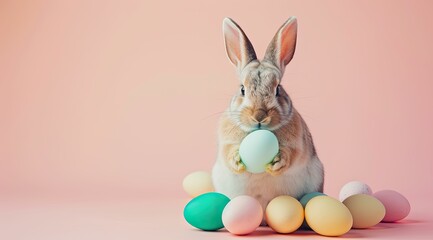 Cute Easter bunny and colorful eggs on pink background. Happy Easter concept