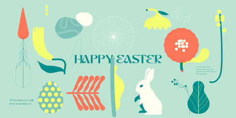 Happy Easter! Vector cute naive simple gouache illustrations of Easter eggs, bunny, carrot, pattern, flowers, tulip, snowdrop, for greeting card, invitation or background.