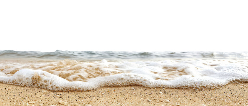Close up of beach sand and ocean water isolated in transparent background.