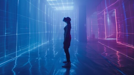 Fototapeta na wymiar An individual stands in a futuristic neon-lit room, immersed in a virtual reality experience, exploring a digital landscape.
