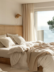Fototapeta na wymiar Minimalist bedroom interior with ocean sea view. Modern coastal interior. Summer, travel, vacation, dreams holiday, resort