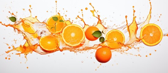 A vibrant display of citrus fruits including Valencia oranges, Clementines, Tangerines, and Rangpurs, with a splash of orange juice on a white background - obrazy, fototapety, plakaty