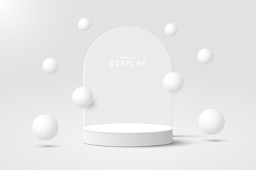 Abstract white gray 3D cylinder podium pedestal with arch shape and balls floating or bouncing up and down on the air. Round 3D stage scene for showcase. Vector geometric platforms design.