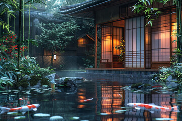 A Japanese house with a sliding door, a bamboo grove, and a koi pond.