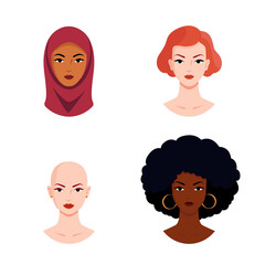Women, international women's day, girl power. Group of multi ethnic racial women. Communication and friendship between women of diverse cultures. Vector female silhouette. Flat illustration