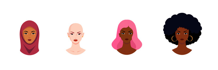 Group of Women different nationalities, religion, color skin and hair. International Women's Day. Abstract different women portraits in flat design. Women empowerment. Feminism, Equality, Support