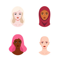 Multi-ethnic women. Group of women with different religion, nationality, hair and skin color. The concept of women, femininity, diversity, independence and equality. Vector illustration