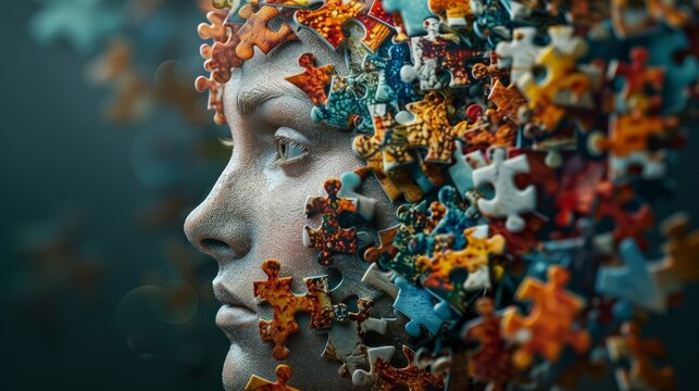 A character with thought bubbles in the shape of puzzle pieces,  symbolizing the process of creative problem-solving