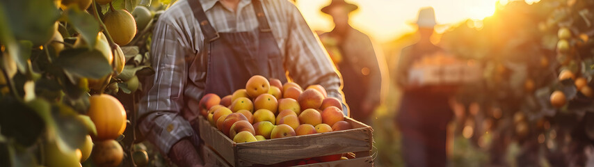 Group of farmers holding wooden boxes full of fresh fruits standing in the orchard with sunset. Concept of healthy lifestyle, local farming and sustainability.