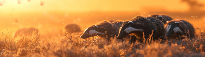 Honey badgers in the savanna in the evening with setting sun shining. Group of wild animals in nature. Horizontal, banner.