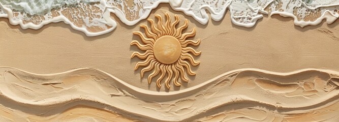 A detailed view of a sun and waves depicted on a wall, with vibrant colors and realistic textures