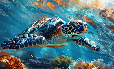 Poster Green sea turtle swimming in coral reef. Environmental Conservation Concept © foto.katarinka