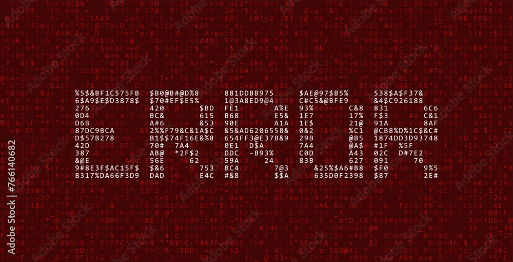 Fototapete ASCII Art ERROR Word Made from Random Letters and Numbers. Dark Binary Code Error. Concept of Protected Digital Data Leak. Hacker Attack Database Malware. Cyber Security Vector Background.