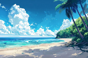 Illustration of beautiful ocean scene with sand beach, palm trees and blue sky