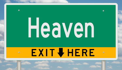 Green and yellow highway sign with exit arrow for HEAVEN
