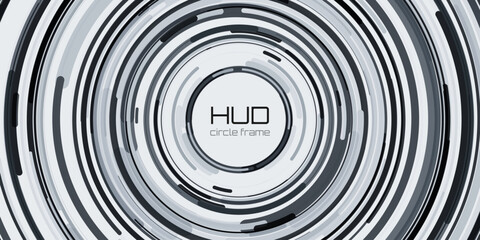 UI Circular HUD Screen Tech System Innovation Concept Background. Abstract Hi-Tech Circular Pattern Vector Backdrop. Round Colorful Arcs. Moving Circles Vector Illustration. Radial Speed Lines.