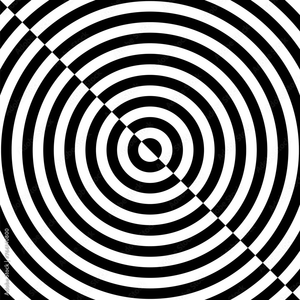 Poster black and white optical illusion circles. swirl hypnotize lines. vertigo geometric background. rotat
