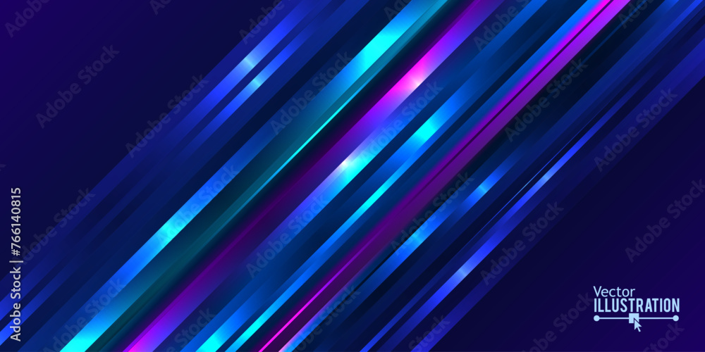 Poster Abstract Futuristic Background with Blue Glowing Light Effects. Diagonal Speed Color Lines Vector Illustration. Fast Motion Glow Effect.