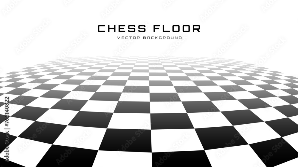 Poster Chess Floor in Perspective with Checkerboard Texture. Empty Chess Board. Black and White Squares Mosaic Studio Background. Vector illustration.